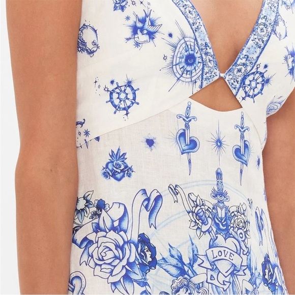 Bejeweled Linen Minidress with Cut Outs in Immortal Ink blue tattoo print - Picture 4 of 11